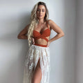 Three-piece split backless push up bikini set in solid colour with matching skirt