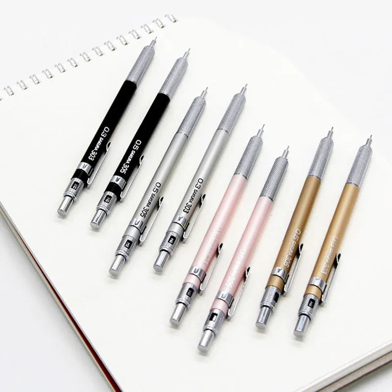 Japanese metal mechanical pencil in gold, silver, black, or pink, showing 0.3mm and 0.5mm lead size options.