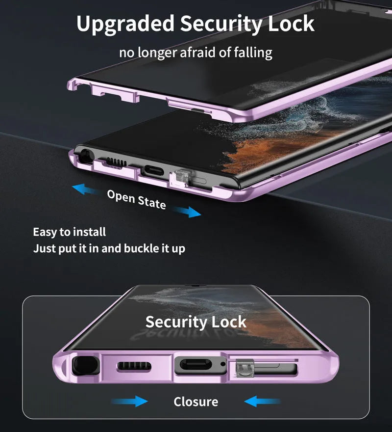 Metal magnetic phone case with peep-proof mirror for Samsung Galaxy S24 Ultra in multiple colour options.