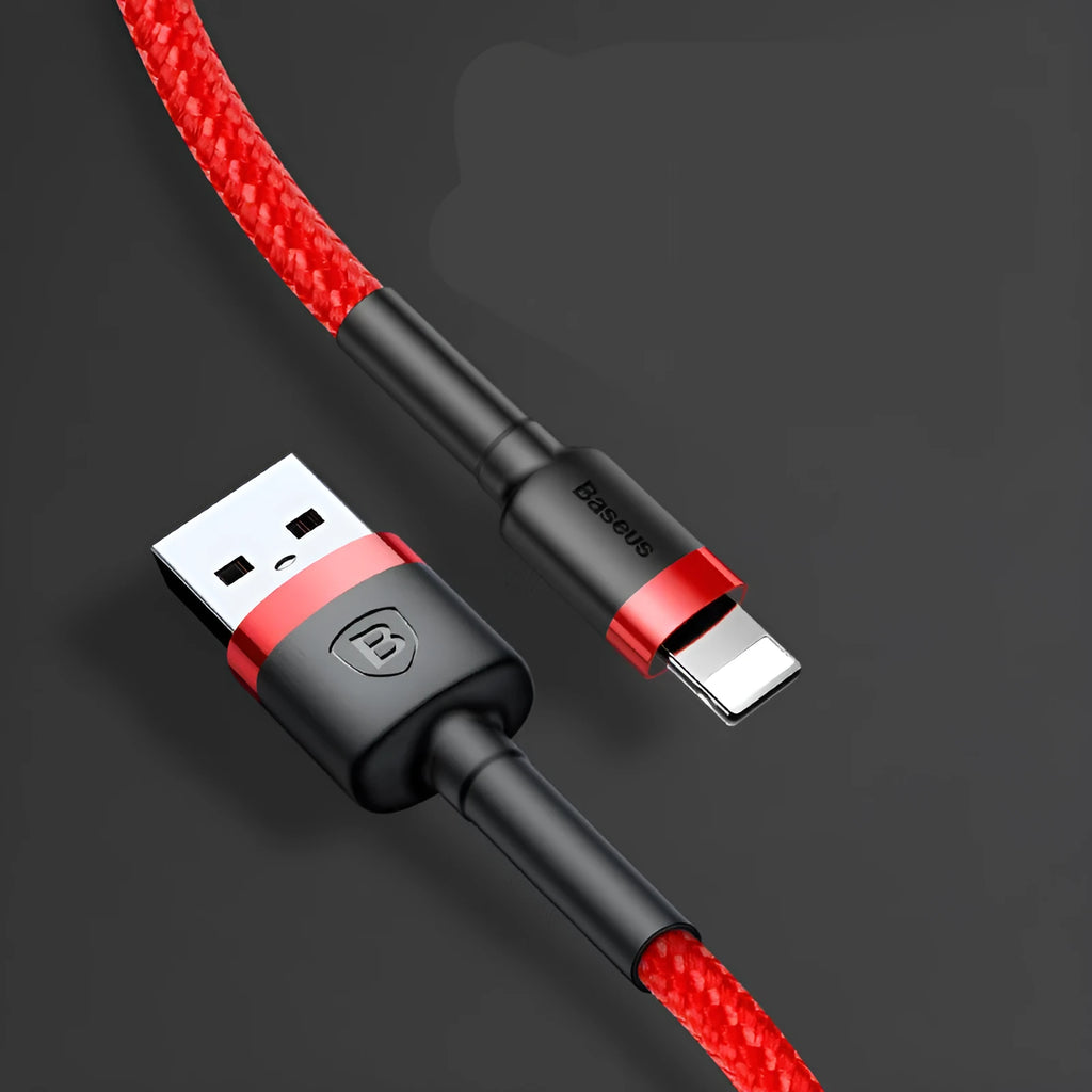 Braided nylon Lightning charging cable for iPhone in red and black colour option, showing 1m length.