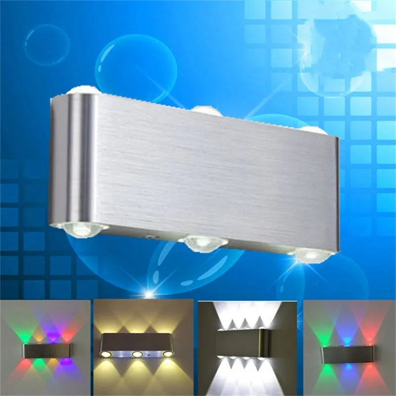 Silver aluminium rectangular wall lamp with LED lighting showing multiple colour options