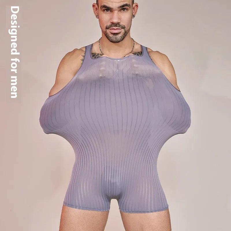 Men's lightweight striped nylon jumpsuit shown in black, dark grey, and white colour options.
