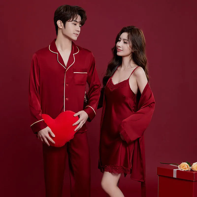 Red ice silk polyester wedding dowry suit set for men and women with long sleeves