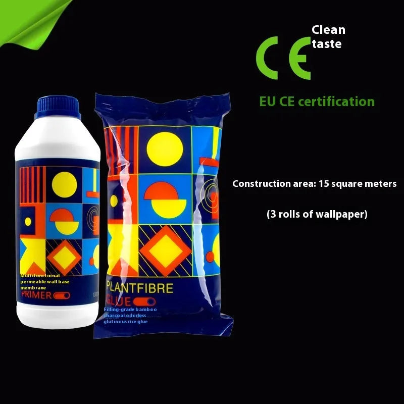 Three rolls of formaldehyde-free glutinous rice wallpaper glue on a clean surface.
