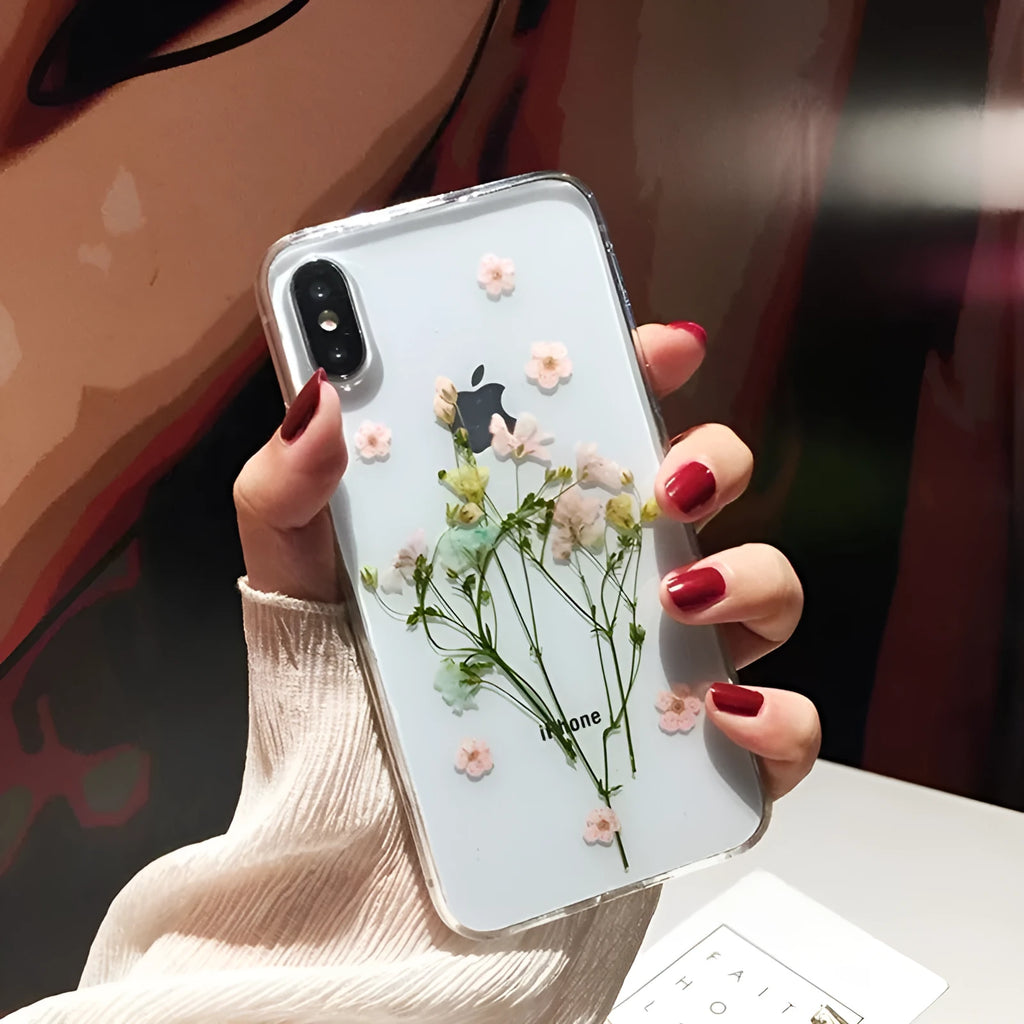 Handmade clear iPhone case with preserved dried flowers in epoxy resin sealing