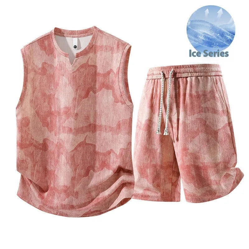 Sleeveless vest and shorts two-piece casual suit in hemp-look quick-drying fabric