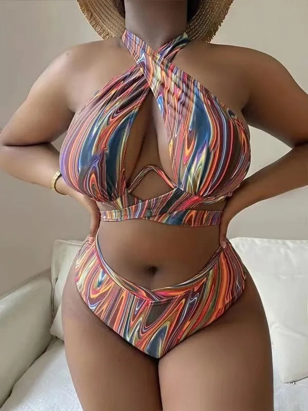 Women's plus size high waist floral bikini swimsuit with split leg design