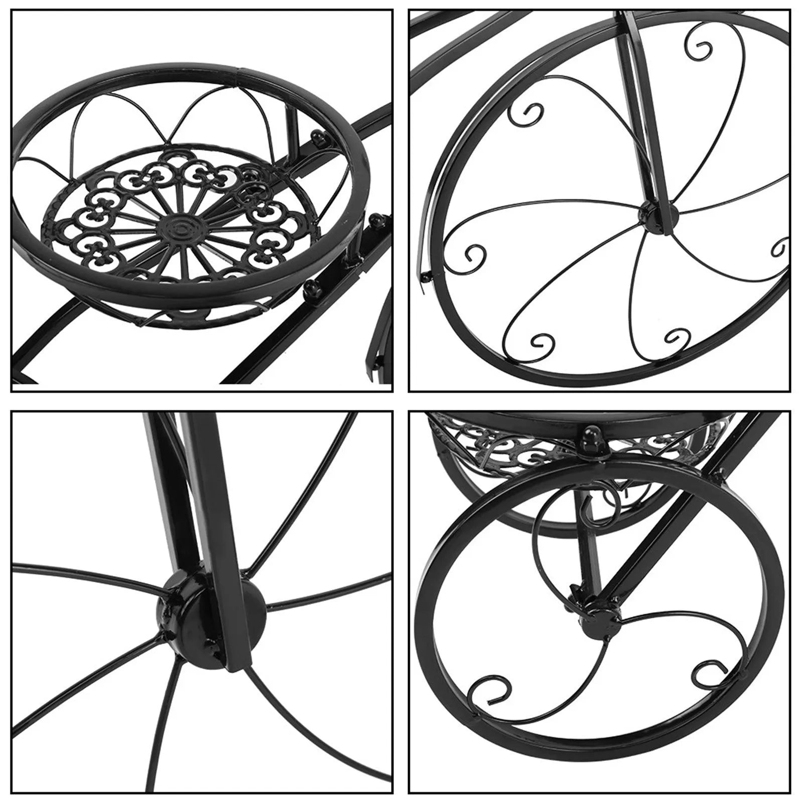 Black wrought iron tricycle plant stand with three round basket tiers and decorative scroll wheels
