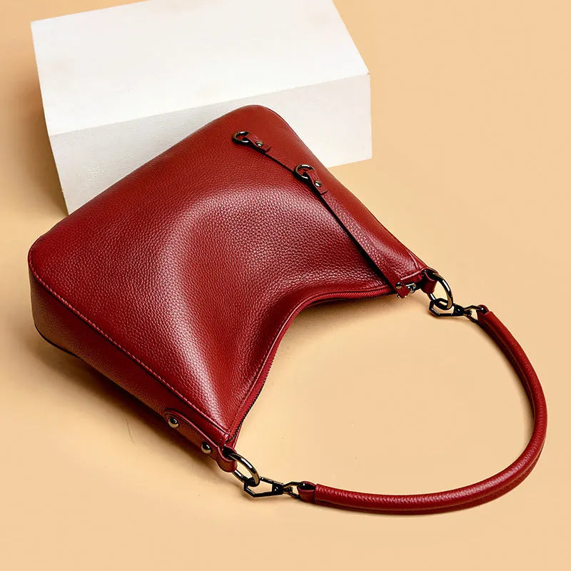 Large capacity genuine cowhide leather tote bag for women, horizontal square shape, double shoulder straps, black colour option