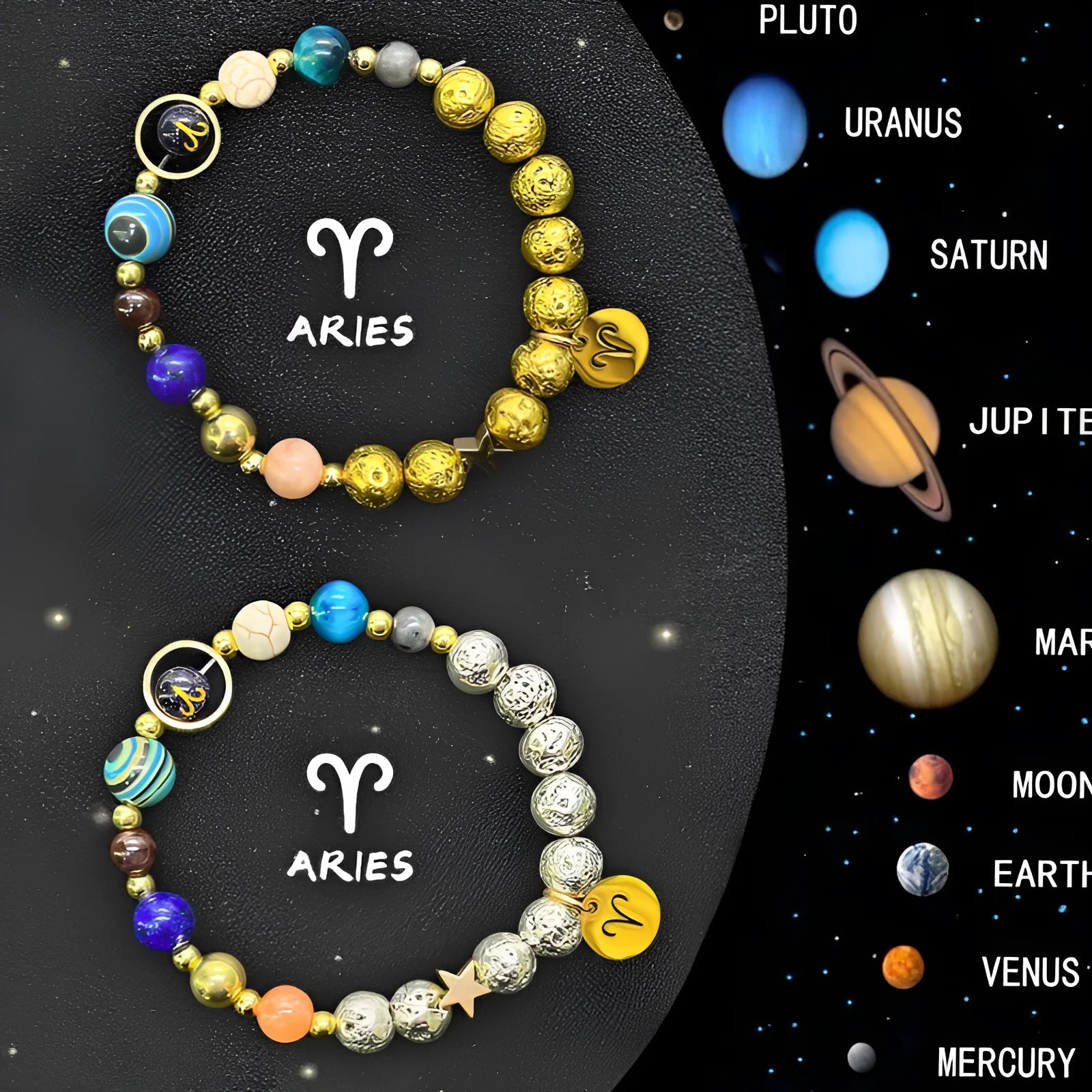 Set of two natural stone beaded bracelets with metal zodiac charms on an adjustable string.