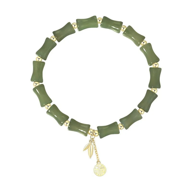 Chinese bamboo design jade bracelet and necklace set with green jade accents on alloy framework