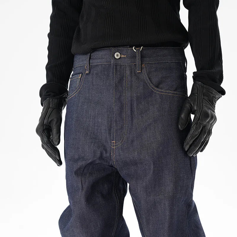 Dark blue casual loose straight fit jeans with straight leg cut on mannequin