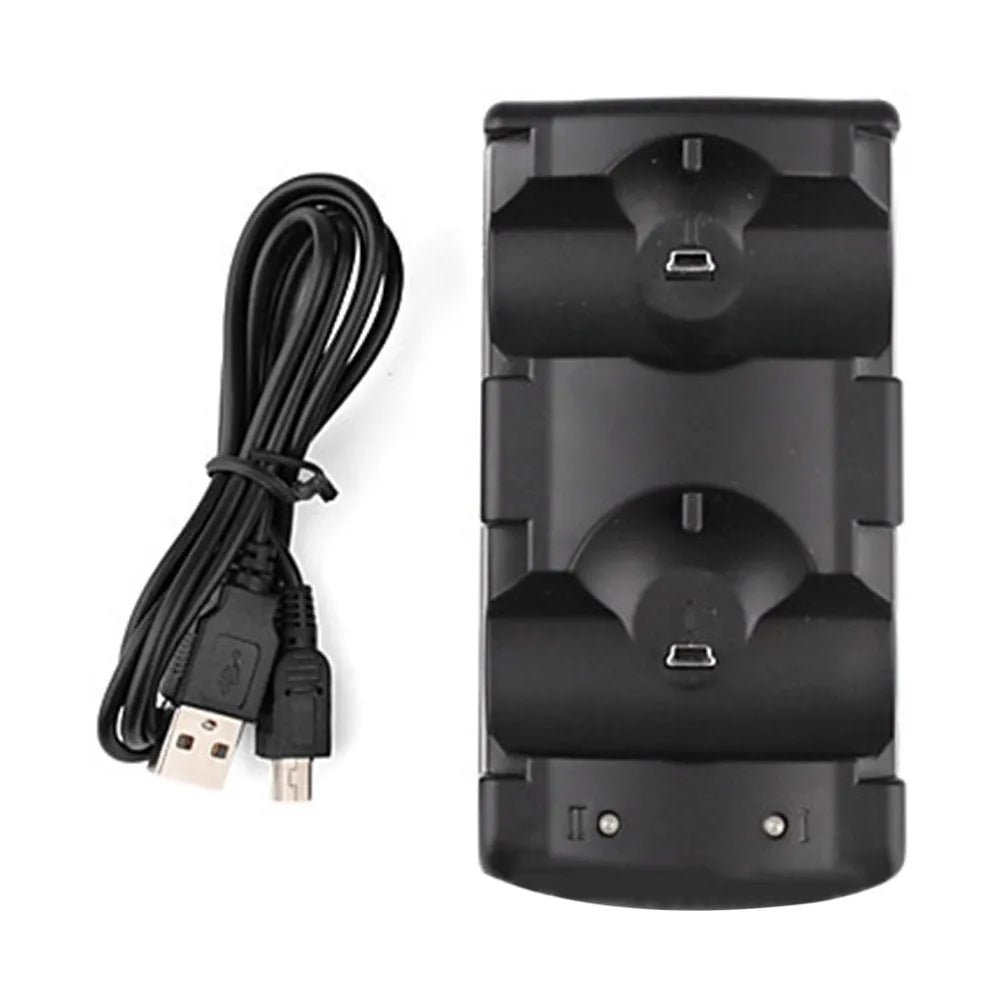 Black PS3 dual charging dock holding two wireless controllers, connected to a PlayStation 3 console with a single USB cable.