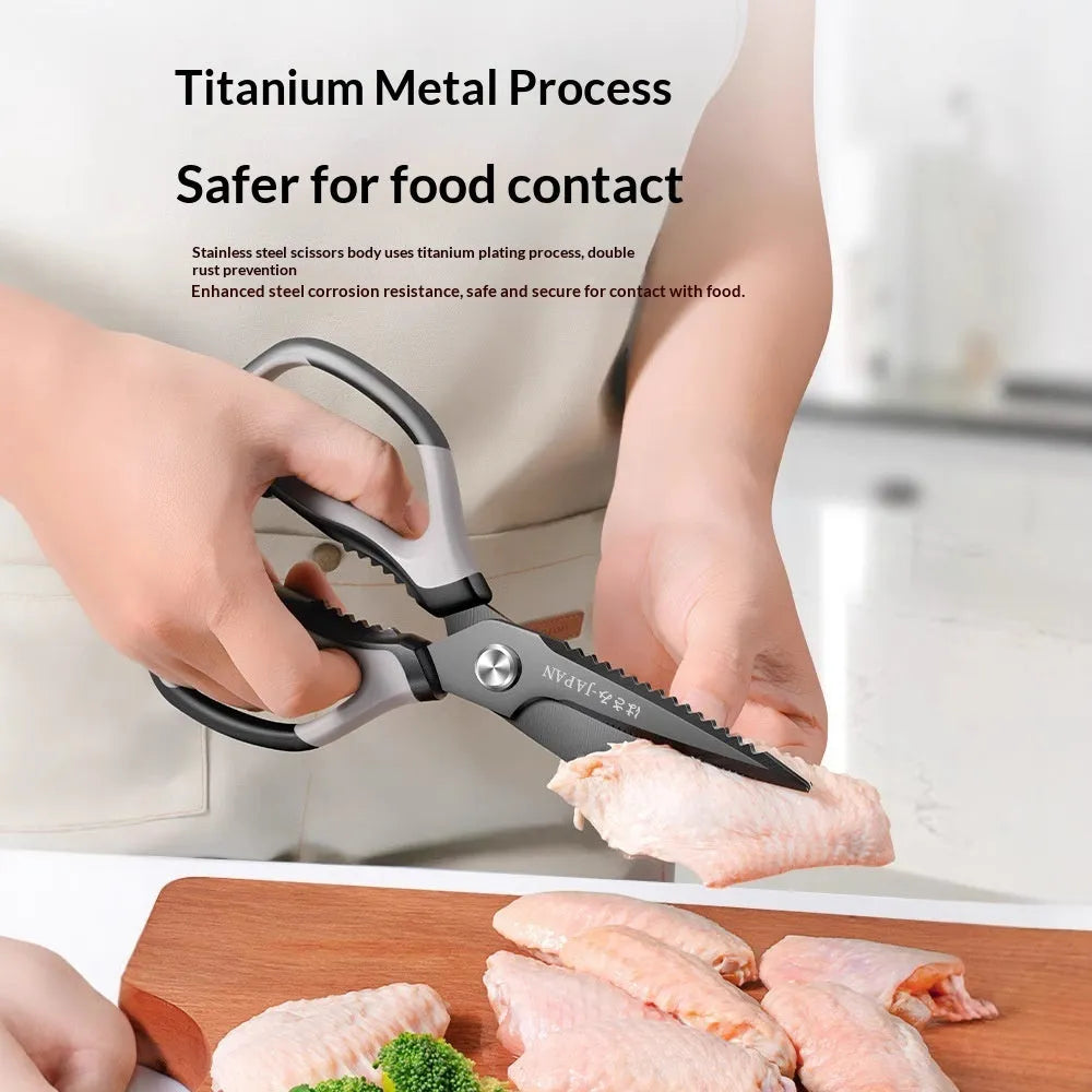 Large titanium-plated stainless steel kitchen scissors with double anti-rust protection for barbecue and home use.