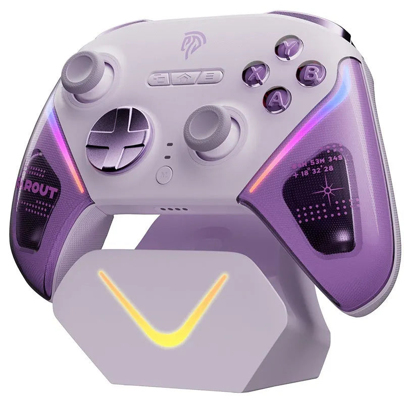 Rocker Smart wireless game controller on its charging base in Black, Green or Purple colour
