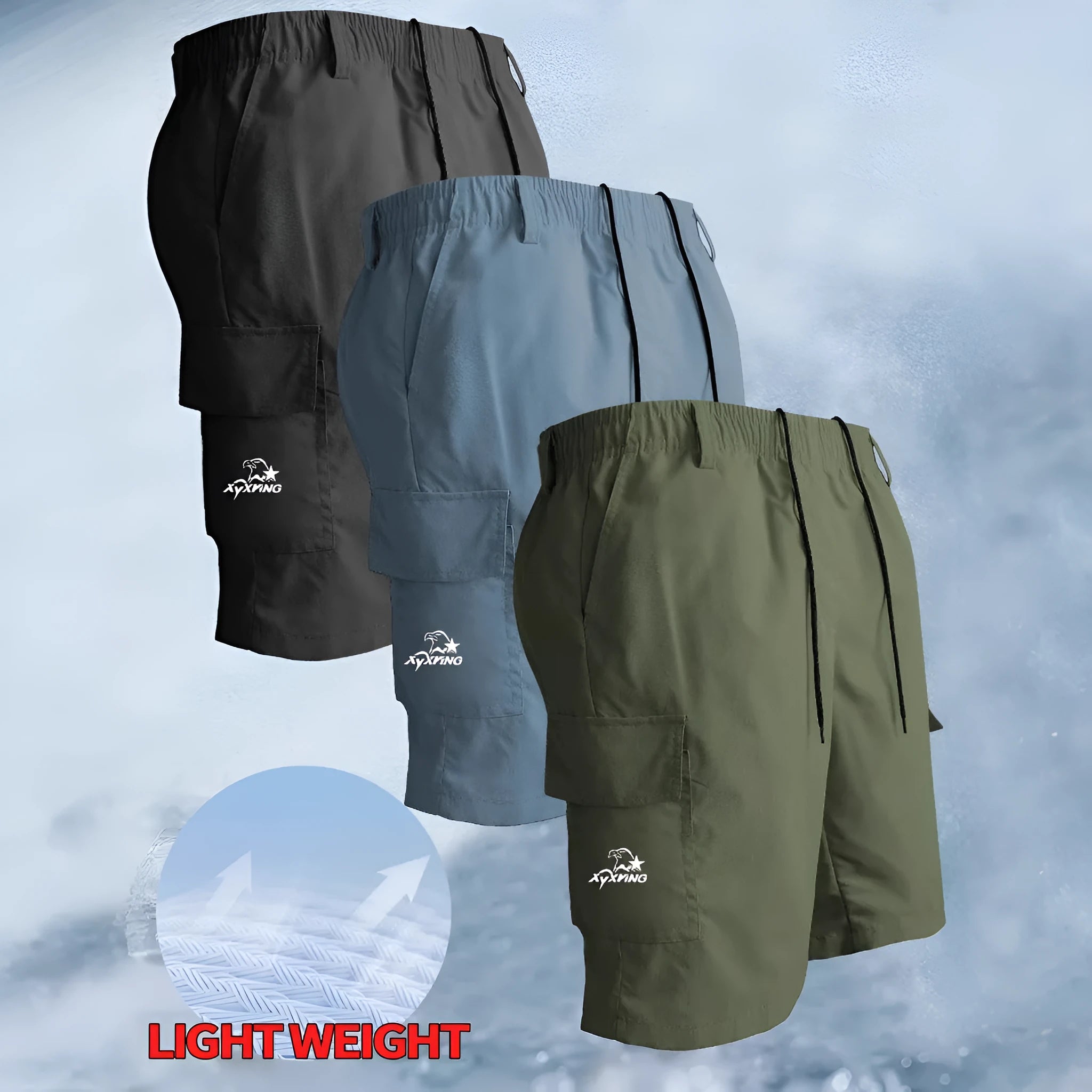 Straight-leg casual polyester shorts in a loose fit, shown in khaki colour.