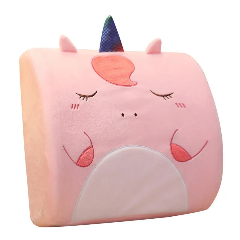 Cartoon memory foam seat back cushion with removable cover, shown in Pink Unicorn design.