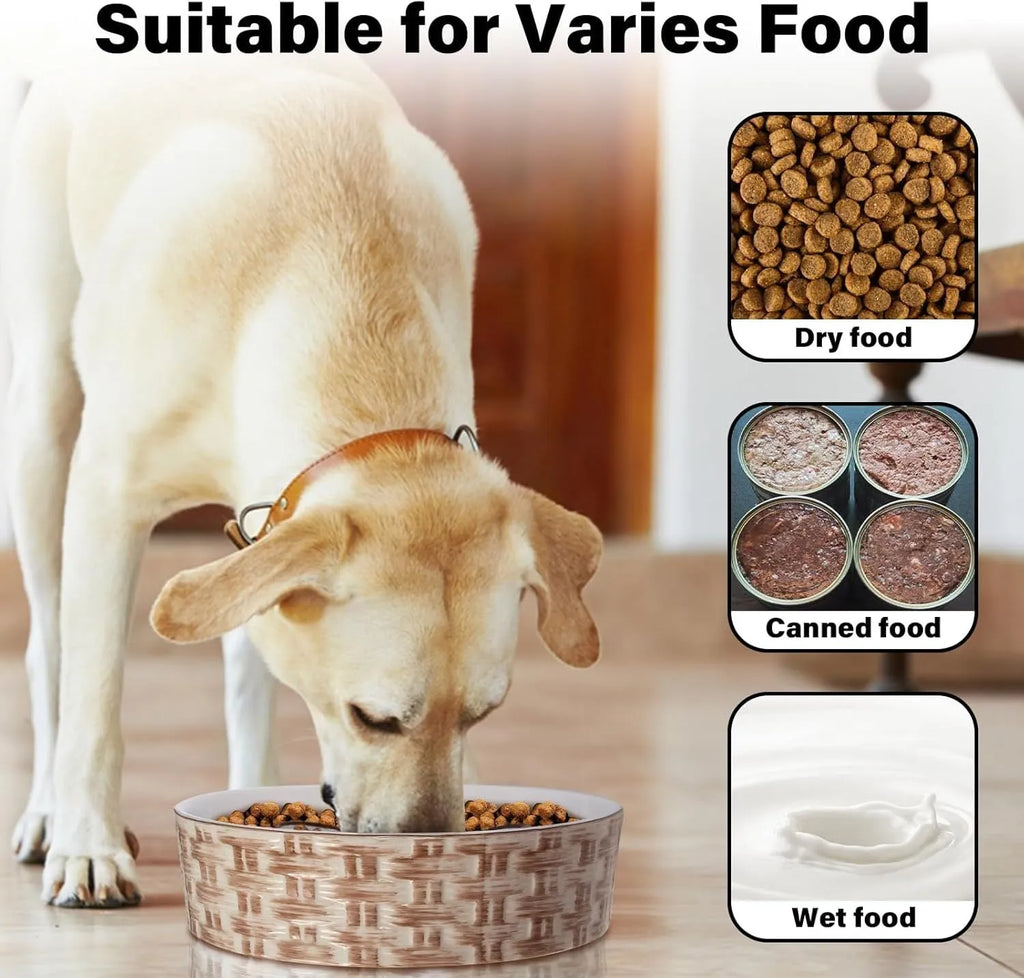 Blue ceramic slow feeder dog bowl with maze pattern and non-slip rubber base for large dogs.