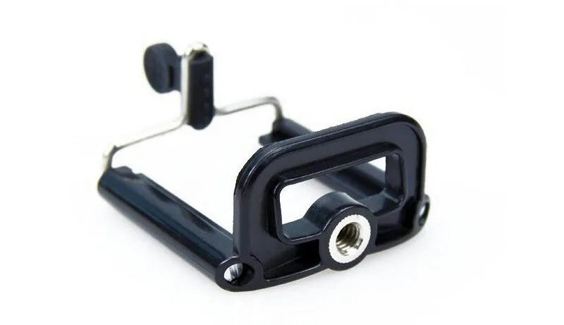Mini flexible aluminium desktop tripod with ball head extended, alongside a universal U-shaped black phone clip.
