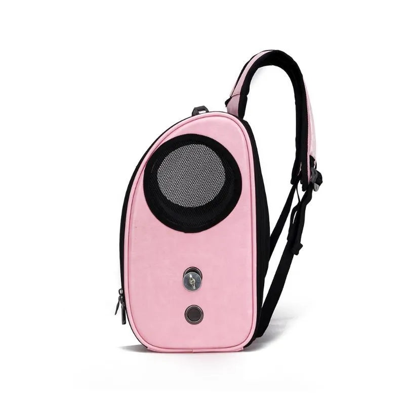 Foldable porous breathable pet bag with geometric pattern for parrots, shown in blue, brown, pink, or red