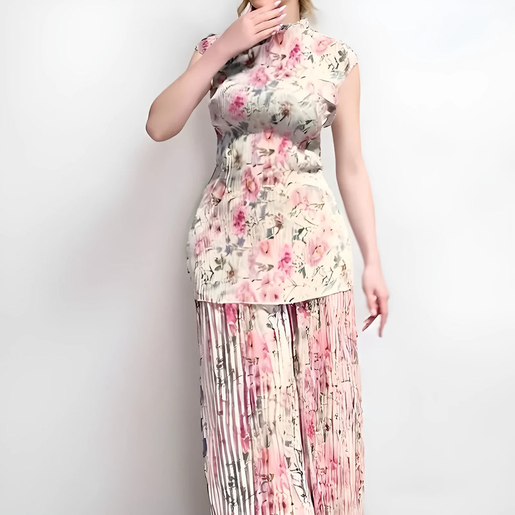 Long sleeve printed chiffon dress with matching high waist skirt in floral pattern