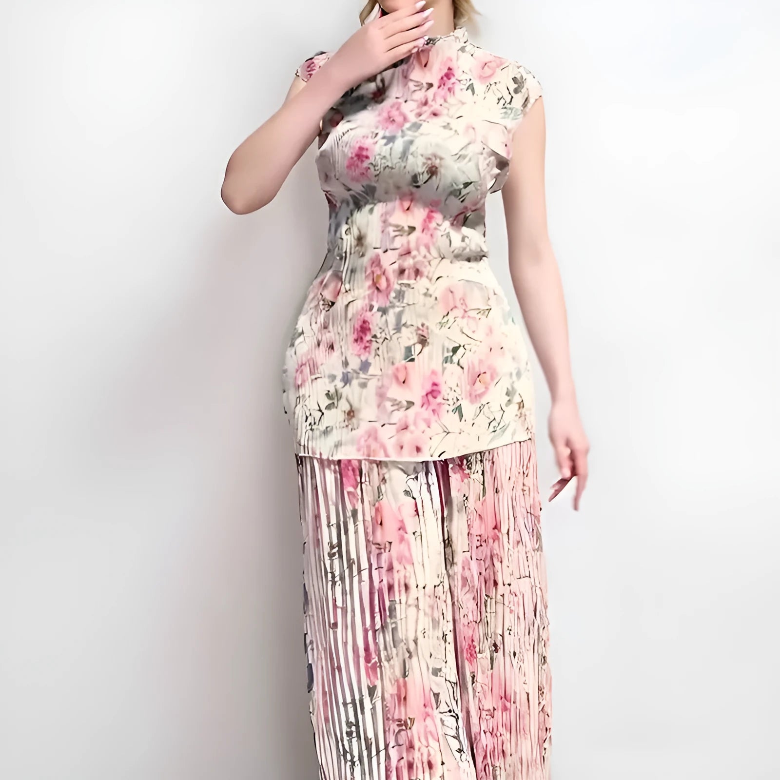 Long sleeve printed chiffon dress with matching high waist skirt in floral pattern