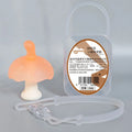 Small pink and nano colour mushroom-shaped latex chewing gum with transparent storage box and chain.