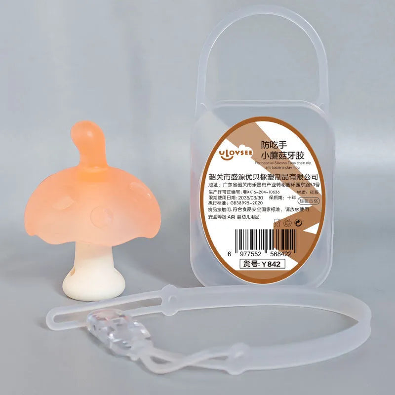 Small pink and nano colour mushroom-shaped latex chewing gum with transparent storage box and chain.