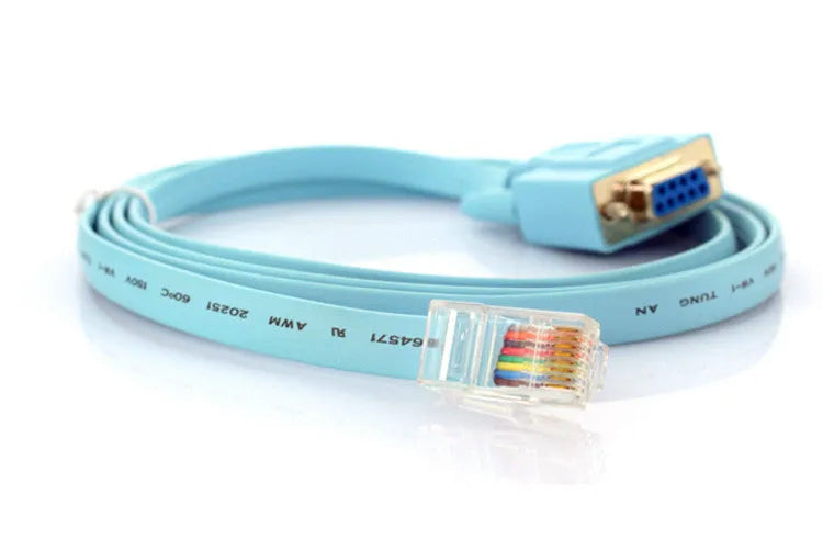 Sky blue 1.5m RJ45 to RS232 serial console cable with copper 28AWG 8C flat wire and 9-pin female connector