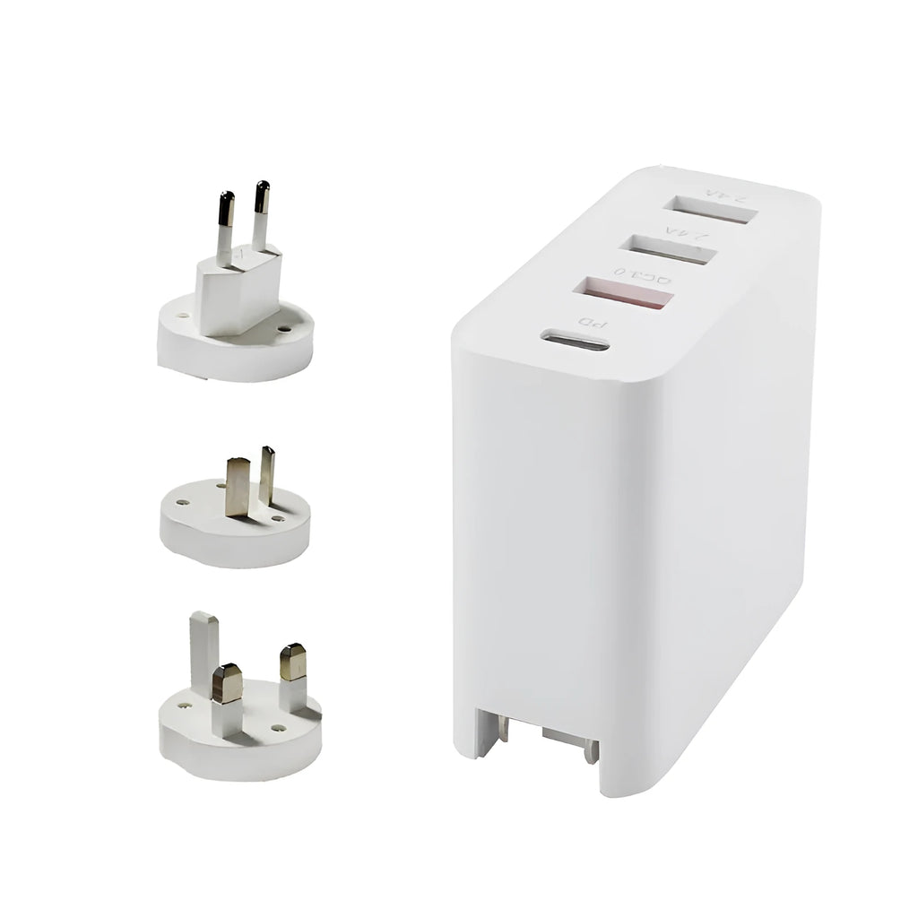 Black 48W USB-C wall charger with four Type-C ports and a UK 3-pin plug on a white background.