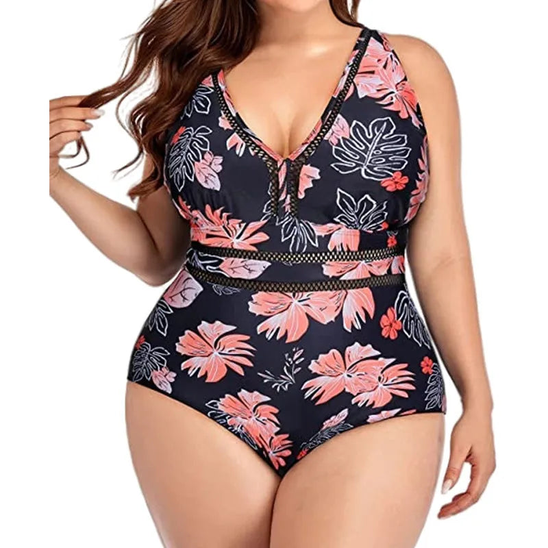Black printed plus size swimsuit bikini made from polyester mesh fabric