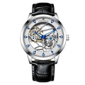 Men's silver case mechanical watch with white dial, blue luminous hands, black genuine leather strap, and waterproof design
