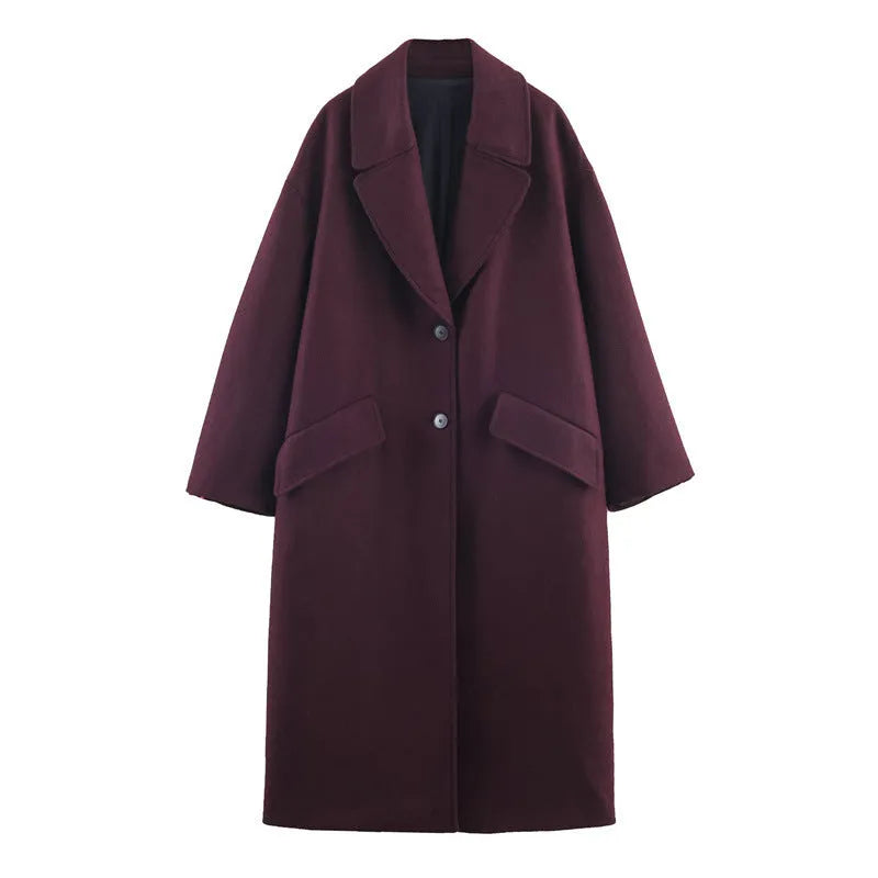 Women's loose slimming long overcoat in wine red colour with spandex stretch, front view