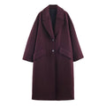 Women's loose slimming long overcoat in wine red colour with spandex stretch, front view