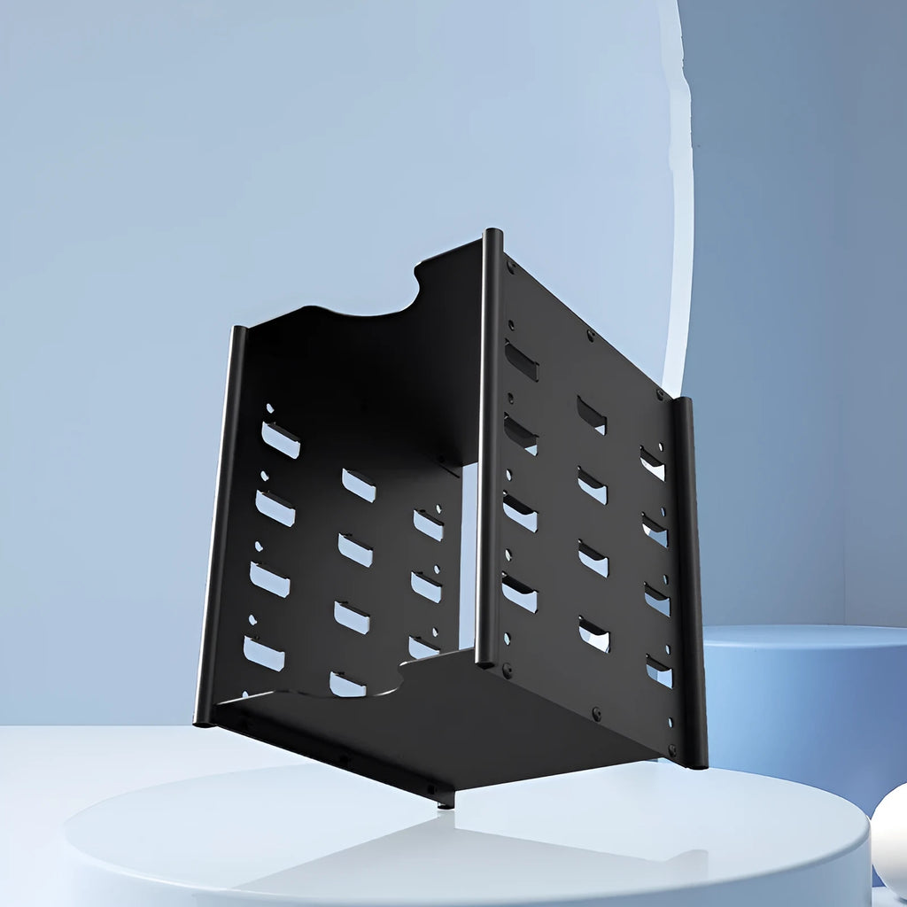Black metal 5-layer 3.5-inch hard drive storage bracket measuring 145x140x115mm with screwdriver and screw pack