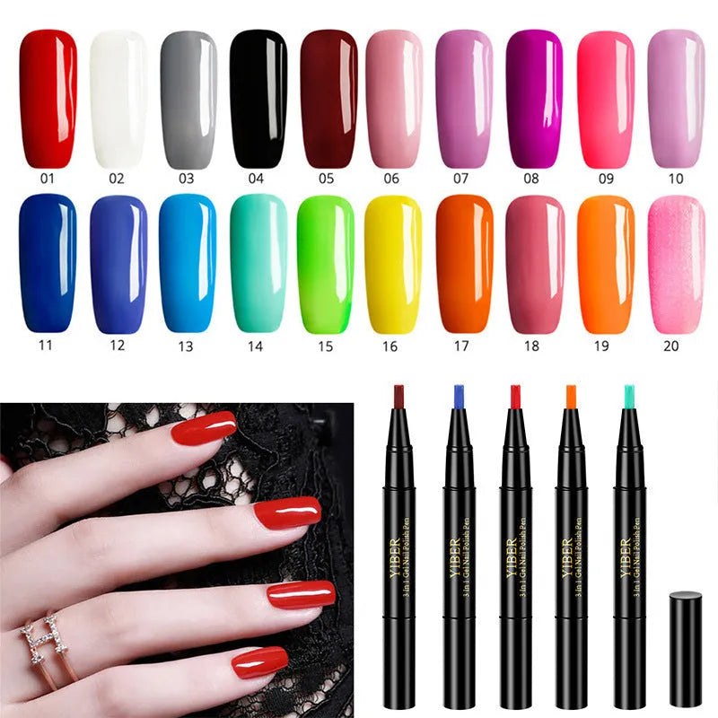 5pcs 3 in 1 one step nail polish pens with long iron pipe handles in multicolour set