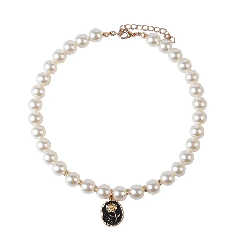 Pet retro pearl necklace collar with flower pattern in white rose or black rose, plastic, sizes S M L