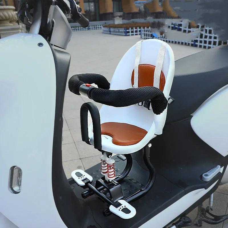 Front child safety seat for baby scooter with high carbon steel frame in black, red, or white colours