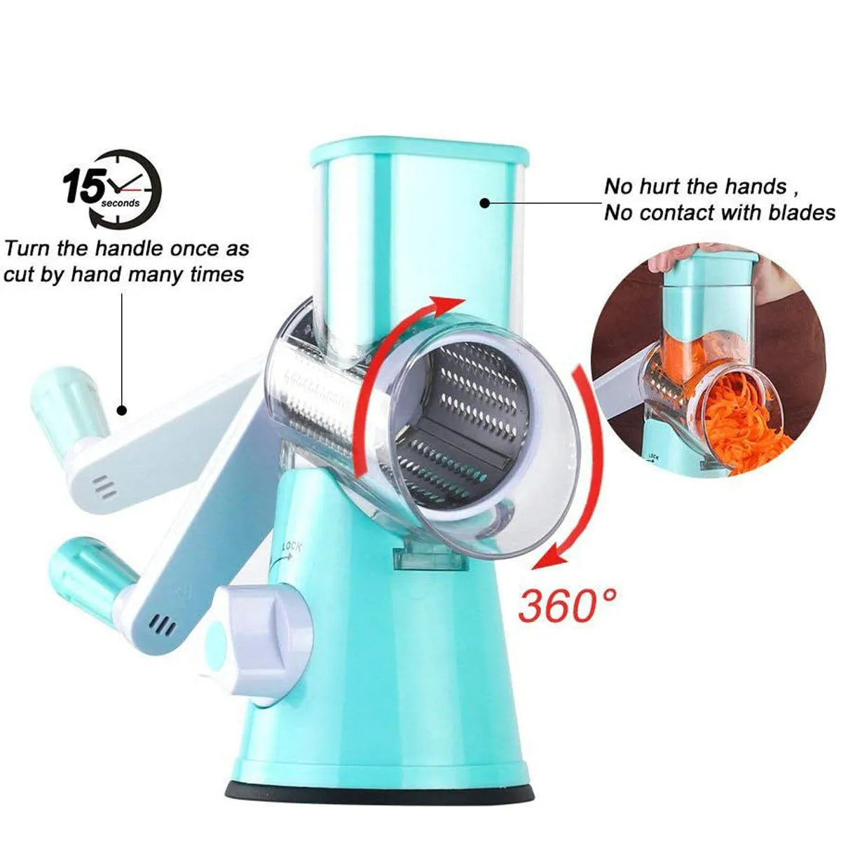 Round manual kitchen mandoline slicer with stainless steel blades in blue, green, or red colour options