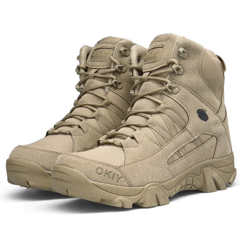 Brown outdoor tactical boots with non-slip sole and round toe for hiking and desert combat