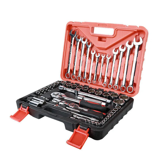 61-piece chrome vanadium steel socket wrench tool set laid out with ratchets, sockets, and wrenches on a workbench.