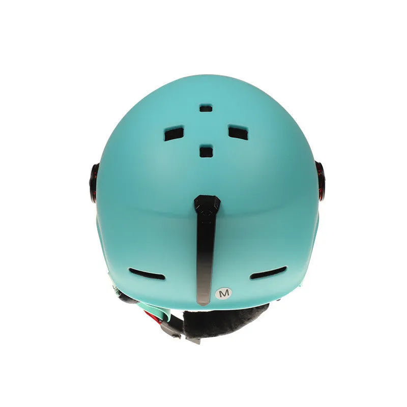 Moon ski helmet with retractable sun visor, polycarbonate shell, EPS coating, cotton lining, ear protector, and adjustable dial.