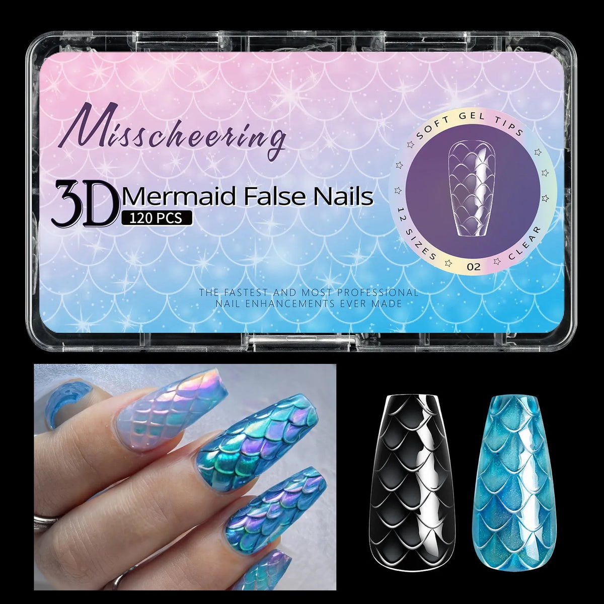 3D scale long shaping nail tips in colour-coded packaging for professional manicures