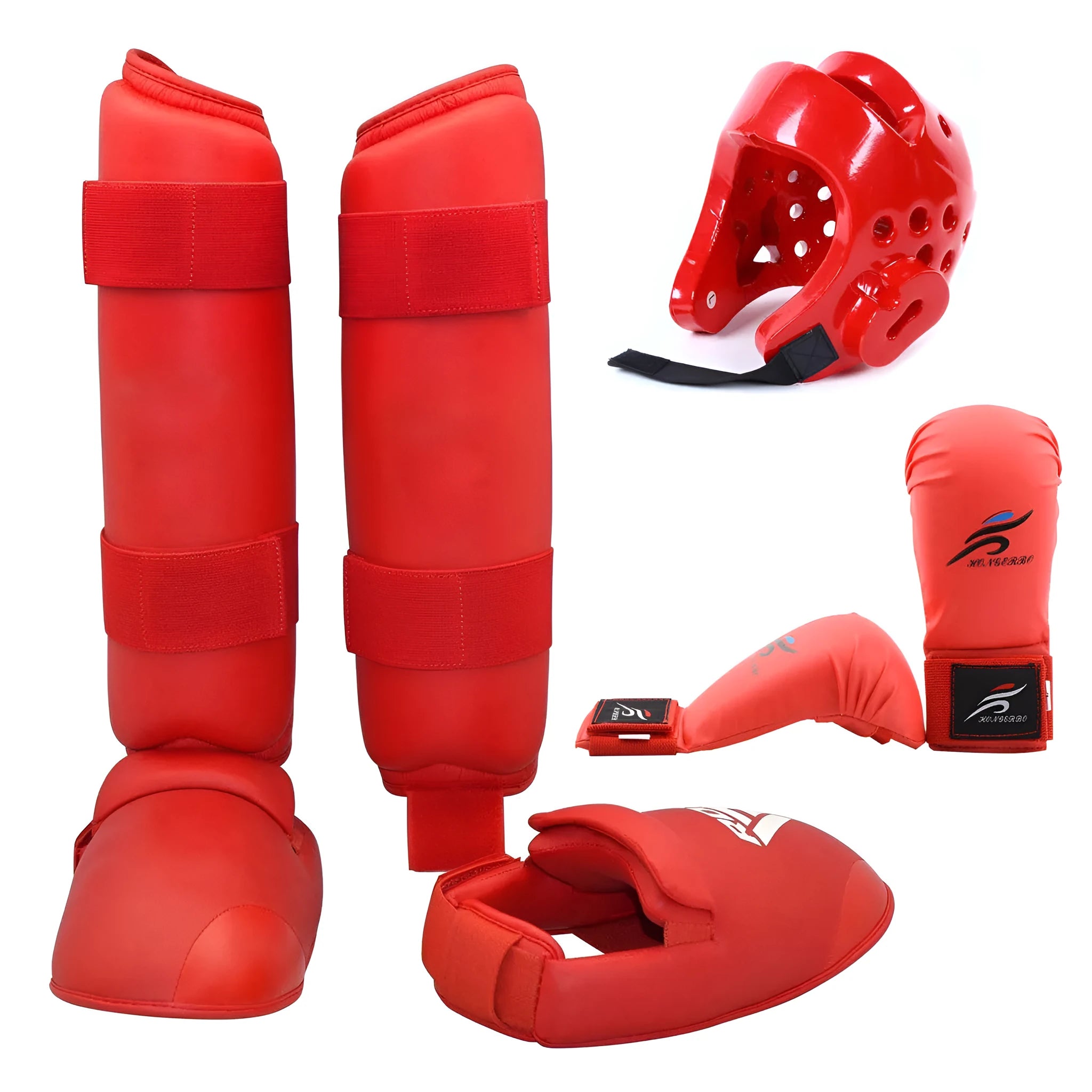 Karate protective gear set with red boxing gloves, leg guards, and helmet for martial arts training