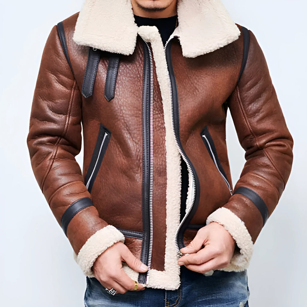 Men's black PU leather winter jacket with highneck faux fur liner and front zip closure against a neutral background