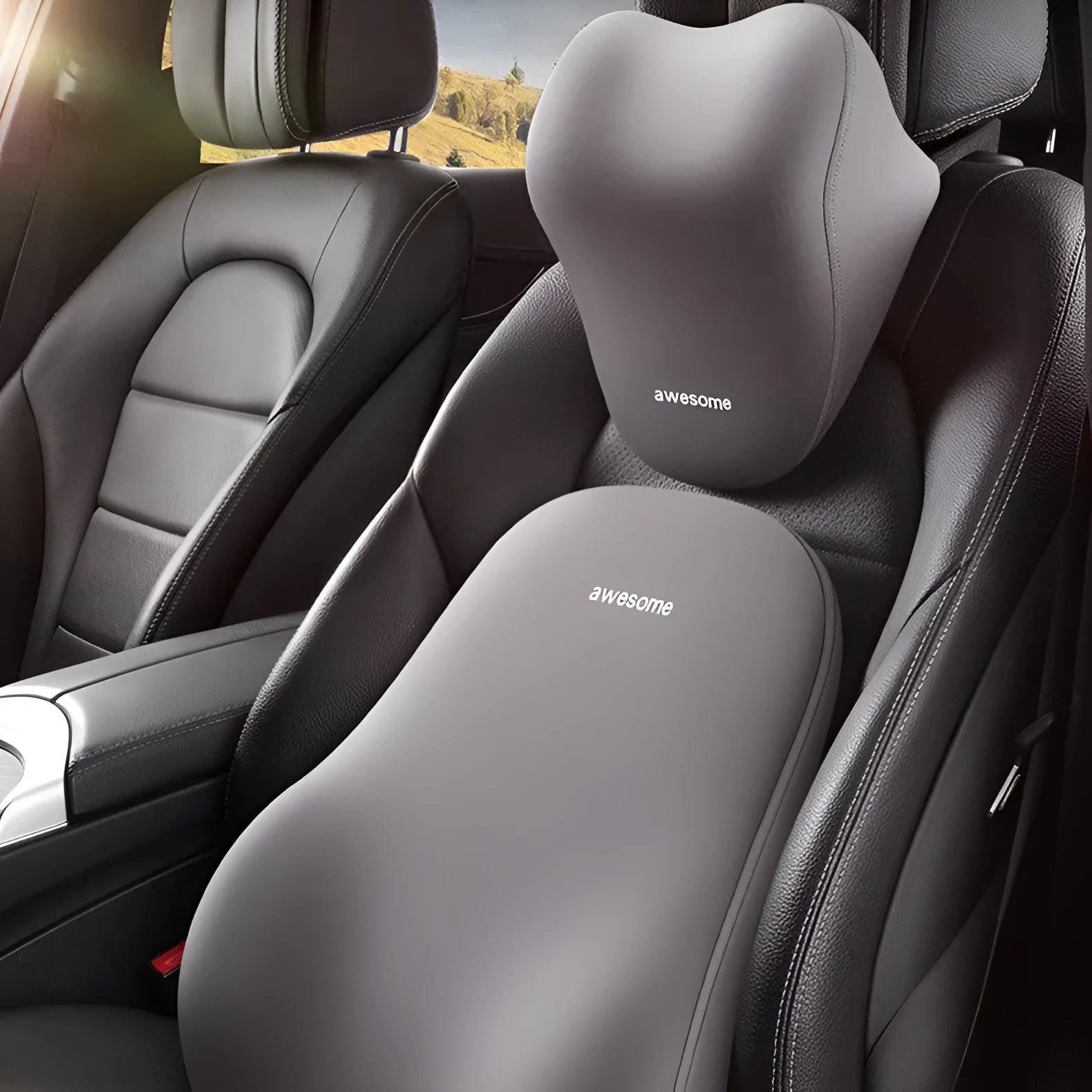 Automotive headrest and lumbar support pillow set with memory foam filling