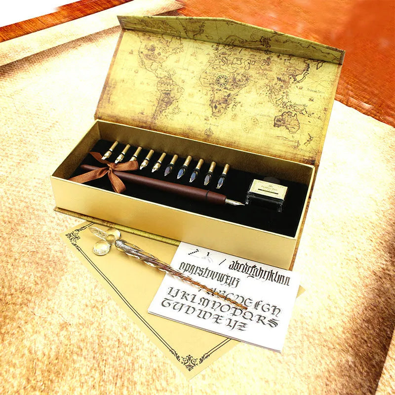 Handmade glass dip pen with wooden handle and stainless steel nib in gift box for Valentine's Day