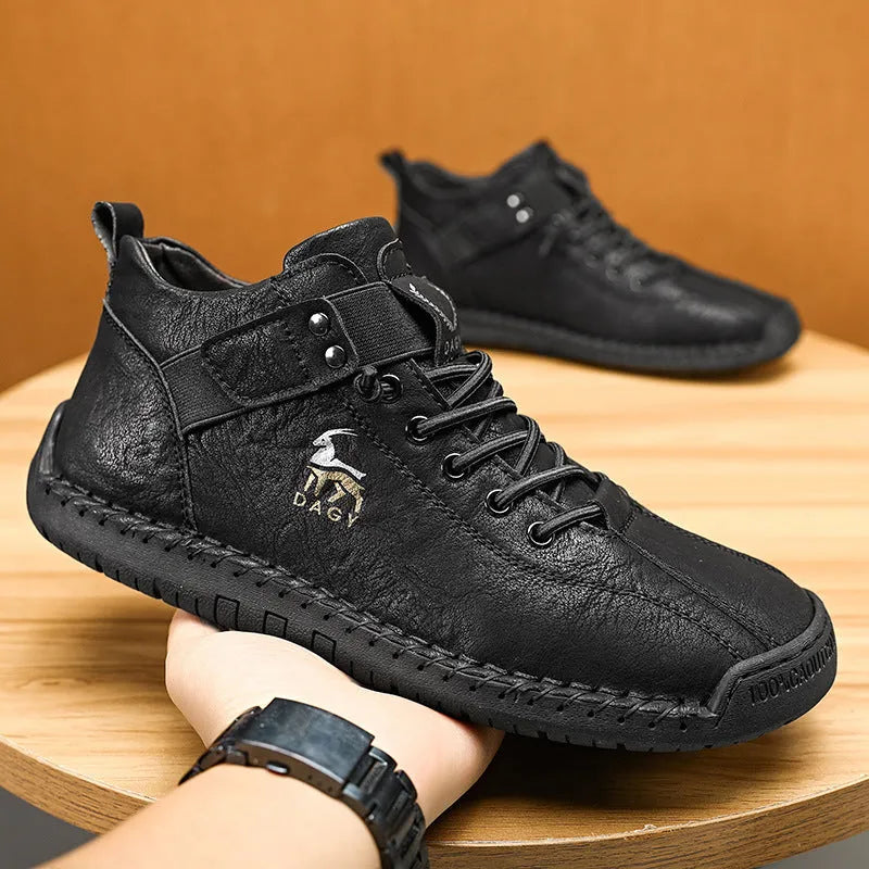 Men's casual velcro sneakers in black with microfiber upper and rubber sole, lace-up front and car stitching detail