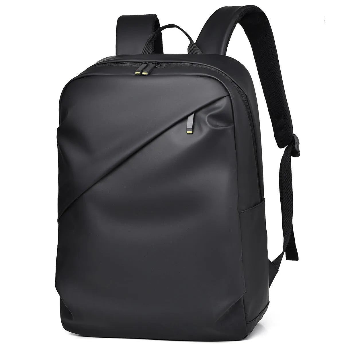 Men's large waterproof PU leather backpack in grey colour with visible stitching and laptop compartment.