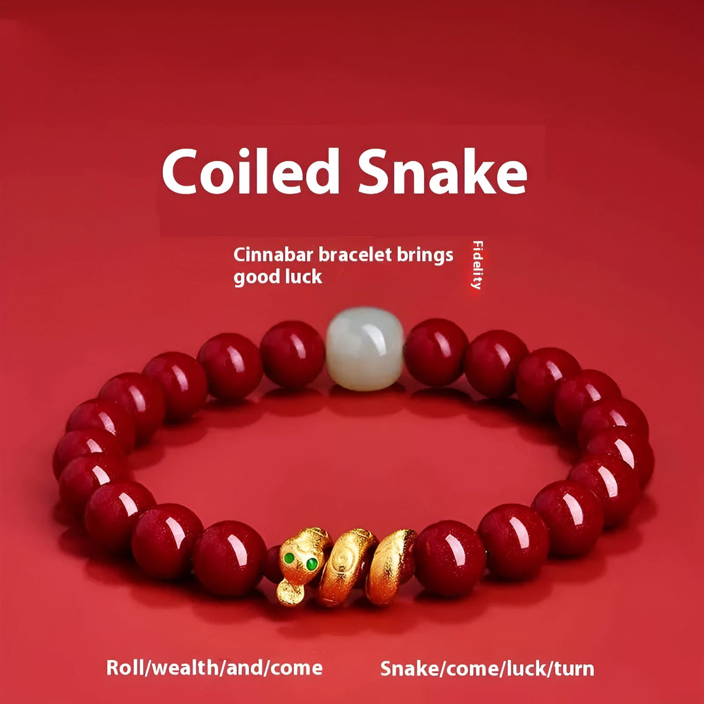 Handmade Chinese zodiac snake bracelet in cinnabar with 6mm and 8mm size options